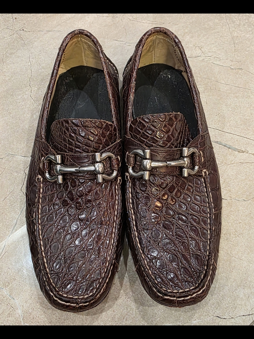 Salvatore Ferragamo Dark Brown Croc-Embossed Leather Bit Loafers